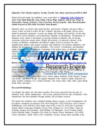 Industrial Valve Market Analysis, Trends, Growth, Size, Share and Forecast 2019 to 2025
Market Research Engine has published a new report titled as “Industrial Valve Market by
Valve Type (Ball, Butterfly, Gate, Globe, Check, Plug), Industry (Oil & Gas, Water &
Wastewater, Energy & Power), Type (Cast Iron, Steel, Cryogenic, Alloy Based), Region -
Global Forecast to 2021-2026 -Executive Data Report.’’
Industrial valves are devices that control the flow and pressure of liquids and gases within a
system. Valves are used to switch the flow of liquids and gases in the piping systems and it
should be patterned consistently to avoid any dangers like leakage and corrosion. On the other
hand, valves used in industries can be functioned manually or automatically. Development of
industrial valves market is determined by growing demand in industries like oil and gas,
wastewater and power among others. Despite the necessity of a universal reference to the
accuracy of industrial components and believed margin of error in practice, the valve
manufacturing industry lacks proper correction and certification for ensuring authenticity and
defining the parameters for product capabilities. The overview of technology and immediate
supply chain has also been deliberate to penetrate in the market space. As industries such as
chemical, metalworking, and water treatment, have a growing demand for innovative industrial
valves that meet their requirements, manufacturers will need to take into deliberation the critical
problems and redefine their strategies to confirm maximum asset utilization and discover new
technologies.
Browse Full Report: https://www.marketresearchengine.com/industrial-valve-market-size
Global Industrial Valve market is segmented based on the Valve Type as, Ball, Butterfly, Gate,
Globe, Check, Plug. On the basis of Industry as, Oil & Gas, Water & Wastewater, Energy &
Power. On the Basis of Type as Cast Iron, Steel, Cryogenic, Alloy Based.
Global Industrial Valve market report covers various regions including North America, Europe,
Asia Pacific, and Rest of World. The regional Industrial Valve market is further bifurcated for
major countries including U.S., Canada, Germany, UK, France, Italy, China, India, Japan, Brazil,
South Africa and others.
ResearchMethodology:
To calculate the market size, the report considers the revenue generated from the sales of
Industrial Valve market manufacturers. The revenue generated from the sales of Industrial Valve
manufacturer has been calculated through primary and secondary research.
The market size estimation also considered leading players revenues as part of triangulation the
key players considered are Emerson (US), Weir Group PLC (UK), Flowserve (US), Cameron –
Schlumberger (US), IMI PLC (UK), Spirax Sarco (UK), Crane Co. (US), Kitz Corporation
(Japan), Metso Corporation (Finland), Neway Valve (Suzhou) Co., Ltd. (China), Velan Inc.
(Canada), Samson AG (Germany), AVK Holding A/S (Denmark), Avcon Controls (India),
Forbes Marshall (India), Swagelok (US), Ham–Let (Israel), Dwyer Instruments (US), KIM
Valves (Australia), Apollo Valves (US). Availability Services among others operating in the
 
