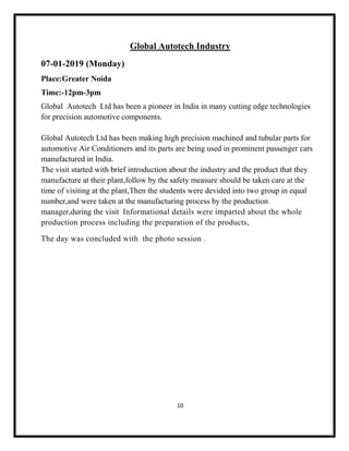 10
Global Autotech Industry
07-01-2019 (Monday)
Place:Greater Noida
Time:-12pm-3pm
Global Autotech Ltd has been a pioneer in India in many cutting edge technologies
for precision automotive components.
Global Autotech Ltd has been making high precision machined and tubular parts for
automotive Air Conditioners and its parts are being used in prominent passenger cars
manufactured in India.
The visit started with brief introduction about the industry and the product that they
manufacture at their plant,follow by the safety measure should be taken care at the
time of visiting at the plant,Then the students were devided into two group in equal
number,and were taken at the manufacturing process by the production
manager,during the visit Informational details were imparted about the whole
production process including the preparation of the products,
The day was concluded with the photo session .
 