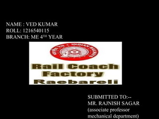 NAME : VED KUMAR
ROLL: 1216540115
BRANCH: ME 4TH
YEAR
SUBMITTED TO:--
MR. RAJNISH SAGAR
(associate professor
mechanical department)
 