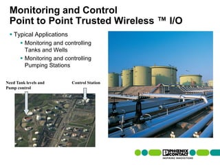 Monitoring and Control
 Point to Point Trusted Wireless ™ I/O
  Typical Applications
           Monitoring and controlling
            Tanks and Wells
           Monitoring and controlling
            Pumping Stations

Need Tank levels and                               Control Station
Pump control




  111 | Presentation | Ira Sharp | 20 April 2010
 