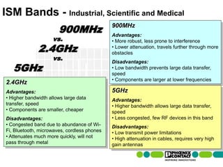 ISM Bands - Industrial, Scientific and Medical
                                              900MHz   900MHz
                                                       Advantages:
                                        vs.            • More robust, less prone to interference
                           2.4GHz                      • Lower attenuation, travels further through more
                                                       obstacles
                                        vs.            Disadvantages:
   5GHz                                                • Low bandwidth prevents large data transfer,
                                                       speed
                                                       • Components are larger at lower frequencies
2.4GHz
Advantages:                                            5GHz
• Higher bandwidth allows large data                   Advantages:
transfer, speed                                        • Higher bandwidth allows large data transfer,
• Components are smaller, cheaper                      speed
Disadvantages:                                         • Less congested, few RF devices in this band
• Congested band due to abundance of Wi-               Disadvantages:
Fi, Bluetooth, microwaves, cordless phones             • Low transmit power limitations
• Attenuates much more quickly, will not               • High attenuation in cables, requires very high
pass through metal                                     gain antennas

  18 | Presentation | Ira Sharp | 20 April 2010
 