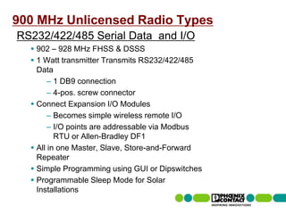 900 MHz Unlicensed Radio Types
 RS232/422/485 Serial Data and I/O
            902 – 928 MHz FHSS & DSSS
            1 Watt transmitter Transmits RS232/422/485
             Data
                 – 1 DB9 connection
                 – 4-pos. screw connector
            Connect Expansion I/O Modules
                 – Becomes simple wireless remote I/O
                 – I/O points are addressable via Modbus
                   RTU or Allen-Bradley DF1
            All in one Master, Slave, Store-and-Forward
             Repeater
            Simple Programming using GUI or Dipswitches
            Programmable Sleep Mode for Solar
             Installations
48 | Presentation | Ira Sharp | 20 April 2010
 