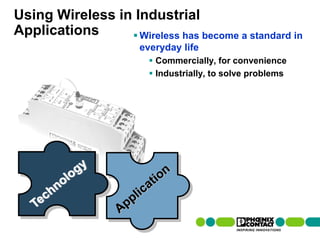 Using Wireless in Industrial
Applications      Wireless has become a standard in
                                               everyday life
                                                  Commercially, for convenience
                                                  Industrially, to solve problems




5 | Presentation | Ira Sharp | 20 April 2010
 