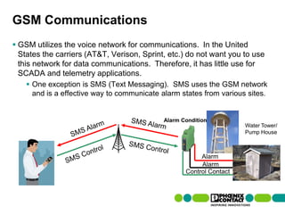 GSM Communications
 GSM utilizes the voice network for communications. In the United
  States the carriers (AT&T, Verison, Sprint, etc.) do not want you to use
  this network for data communications. Therefore, it has little use for
  SCADA and telemetry applications.
         One exception is SMS (Text Messaging). SMS uses the GSM network
          and is a effective way to communicate alarm states from various sites.


                                                 Alarm Condition
                                                                          Water Tower/
                                                                          Pump House



                                                             Alarm
                                                             Alarm
                                                        Control Contact



58 | Presentation | Ira Sharp | 20 April 2010
 
