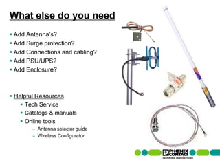 What else do you need
 Add Antenna’s?
 Add Surge protection?
 Add Connections and cabling?
 Add PSU/UPS?
 Add Enclosure?



 Helpful Resources
         Tech Service
         Catalogs & manuals
         Online tools
                    – Antenna selector guide
                    – Wireless Configurator


59 | Presentation | Ira Sharp | 20 April 2010
 