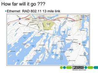 How far will it go ???
 Ethernet RAD 802.11 13 mile link




 79 | Presentation | Ira Sharp | 20 April 2010
 