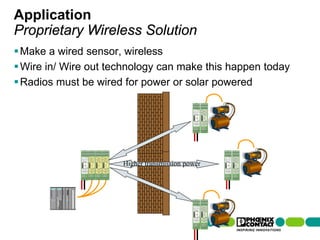 Application
Proprietary Wireless Solution
 Make a wired sensor, wireless
 Wire in/ Wire out technology can make this happen today
 Radios must be wired for power or solar powered




                                                Higher transmission power




95 | Presentation | Ira Sharp | 20 April 2010
 