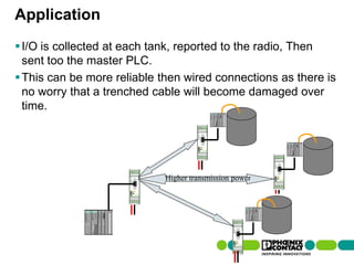 Application
 I/O is collected at each tank, reported to the radio, Then
  sent too the master PLC.
 This can be more reliable then wired connections as there is
  no worry that a trenched cable will become damaged over
  time.




                                                Higher transmission power




98 | Presentation | Ira Sharp | 20 April 2010
 