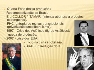  Quarta Fase (baixa produção):
- Redemocratização do Brasil.
- Era COLLOR / ITAMAR. (intensa abertura a produtos
estrangeiros).
- FHC: entrada de muitas transnacionais
(privatizações/neoliberalismo).
- 1997 - Crise dos Asiáticos (tigres Asiáticos).
queda de produção.
- 2007 - crise dos EUA.
- Início na carta imobiliária.
- BRASIL : Redução do IPI
 