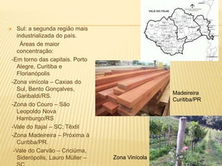 Sul: a segunda região mais
industrializada do país.
Áreas de maior
concentração:
-Em torno das capitais. Porto
Alegre, Curitiba e
Florianópolis
-Zona vinícola – Caxias do
Sul, Bento Gonçalves,
Garibaldi/RS.
-Zona do Couro – São
Leopoldo Nova
Hamburgo/RS
-Vale do Itajaí – SC; Têxtil
-Zona Madeireira – Próxima à
Curitiba/PR.
-Vale do Carvão – Criciúma,
Siderópolis, Lauro Müller – Zona Vinícola
Madeireira
Curitiba/PR
 