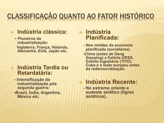 CLASSIFICAÇÃO QUANTO AO FATOR HISTÓRICO
 Indústria clássica:
- Pioneiros da
industrialização:
Inglaterra, França, Holanda,
Alemanha, EUA, Japão etc.
 Indústria Tardia ou
Retardatária:
- Intensificação da
industrialização pós
segunda guerra:
-Brasil, Índia, Argentina,
México etc.
 Indústria
Planificada:
- Nos moldes da economia
planificada (socialismo).
-China (antes de Deng
Xiaoping) a Extinta URSS,
Extinta Iugoslávia (TITO),
Cuba e o leste europeu antes
da redemocratização.
 Indústria Recente:
- No extremo oriente e
sudeste asiático (tigres
asiáticos).
 