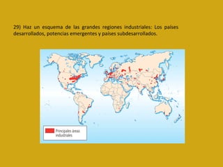 29)	 Haz	 un	 esquema	 de	 las	 grandes	 regiones	 industriales:	 Los	 países	
desarrollados,	potencias	emergentes	y	países	subdesarrollados.	
 