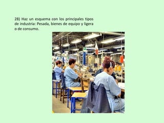 28)	Haz	un	esquema	con	los	principales	tipos	
de	industria:	Pesada,	bienes	de	equipo	y	ligera	
o	de	consumo.	
 