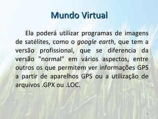 Mundo Virtual Ela poderá utilizar programas de imagens de satélites, como o  google earth , que tem a versão profissional, que se diferencia da versão "normal" em vários aspectos, entre outros os que permitem ver informações GPS a partir de aparelhos GPS ou a utilização de arquivos .GPX ou .LOC. 