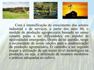 Com a intensificação do crescimento dos setores industrial e de serviços, a partir dos anos 40, o modelo de produção agropecuária baseado no senso comum passa a ter dificuldades em atender às necessidades emergentes. Diante de tal questão, surge a necessidade de novas opções para a modernização da produção agropecuária. O caminho a ser seguido requer a utilização de um maior nível tecnológico na produção, ou seja, a utilização de insumos modernos e práticas adequadas ao cultivo. 