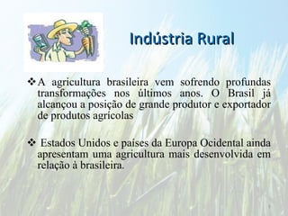 Indústria Rural A agricultura brasileira vem sofrendo profundas transformações nos últimos anos. O Brasil já alcançou a posição de grande produtor e exportador de produtos agrícolas Estados Unidos e países da Europa Ocidental ainda apresentam uma agricultura mais desenvolvida em relação à brasileira .  