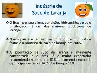 Indústria de  Suco de Laranja O Brasil por seu clima, condições hidrográficas e solo privilegiados é um dos maiores produtores de laranja.  Nosso país é o terceiro maior produtor mundial de frutas e o primeiro de suco de laranja em 2005. A exportação de suco de laranja é altamente concentrada e o Brasil é o maior exportador respondendo sozinho por 81% do comercio mundial, o principal destino EUA 72% e Europa 11%.  