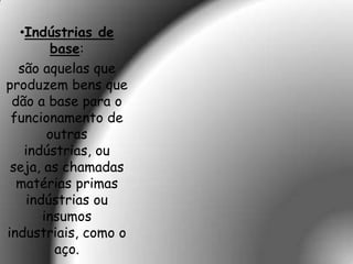 •Indústrias de
        base:
  são aquelas que
produzem bens que
 dão a base para o
 funcionamento de
       outras
   indústrias, ou
 seja, as chamadas
  matérias primas
   indústrias ou
      insumos
industriais, como o
         aço.
 