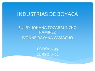 INDUSTRIAS DE BOYACA
SULBY JOHANA TOCARRUNCHO
RAMIREZ
IVONNE DAYANA CAMACHO
CODS:06-35
CURSO:11-02
 