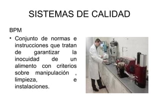 SISTEMAS DE CALIDAD BPM Conjunto de normas e instrucciones que tratan de garantizar la inocuidad de un alimento con criterios sobre manipulación , limpieza, e instalaciones. 