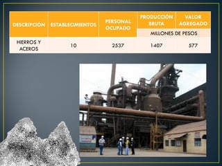 DESCRIPCIÓN ESTABLECIMIENTOS
PERSONAL
OCUPADO
PRODUCCIÓN
BRUTA
VALOR
AGREGADO
MILLONES DE PESOS
HIERROS Y
ACEROS
10 2537 1407 577
 
