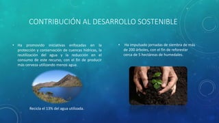 CONTRIBUCIÓN AL DESARROLLO SOSTENIBLE
• Ha promovido iniciativas enfocadas en la
protección y conservación de cuencas hídricas, la
reutilización del agua y la reducción en el
consumo de este recurso, con el fin de producir
más cerveza utilizando menos agua.
Recicla el 13% del agua utilizada.
• Ha impulsado jornadas de siembra de más
de 200 árboles, con el fin de reforestar
cerca de 5 hectáreas de humedales.
 
