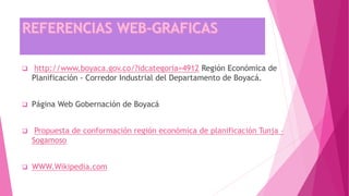 http://www.boyaca.gov.co/?idcategoria=4912 Región Económica de
Planificación - Corredor Industrial del Departamento de Boyacá.
 Página Web Gobernación de Boyacá
 Propuesta de conformación región económica de planificación Tunja –
Sogamoso
 WWW.Wikipedia.com
 