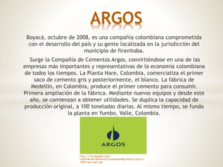 Boyacá, octubre de 2008, es una compañía colombiana comprometida
con el desarrollo del país y su gente localizada en la jurisdicción del
municipio de firavitoba.
Surge la Compañía de Cementos Argos, convirtiéndose en una de las
empresas más importantes y representativas de la economía colombiana
de todos los tiempos. La Planta Nare, Colombia, comercializa el primer
saco de cemento gris y posteriormente, el blanco. La fábrica de
Medellín, en Colombia, produce el primer cemento para consumir.
Primera ampliación de la fábrica. Mediante nuevos equipos y desde este
año, se comienzan a obtener utilidades. Se duplica la capacidad de
producción original, a 100 toneladas diarias. Al mismo tiempo, se funda
la planta en Yumbo, Valle, Colombia.
ARGOS
http://1.bp.blogspot.com/-
rpPxCh8zriM/VBdJ0imZyiI/AAAAAAAAIMg/K4CpY1q5y3Y/s
1600/logo-argos.jpg
 