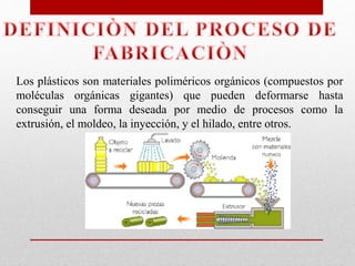 Los plásticos son materiales poliméricos orgánicos (compuestos por
moléculas orgánicas gigantes) que pueden deformarse hasta
conseguir una forma deseada por medio de procesos como la
extrusión, el moldeo, la inyección, y el hilado, entre otros.
 
