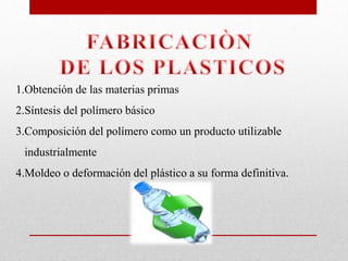 1.Obtención de las materias primas
2.Síntesis del polímero básico
3.Composición del polímero como un producto utilizable
industrialmente
4.Moldeo o deformación del plástico a su forma definitiva.
 