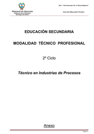 Ministerio de Educación 
Gobierno de la Provincia 
Santiago del Estero 
Página 1 
2012 – “Año Homenaje al Dr. D. Manuel Belgrano” 
Área de Educación Técnica 
EDUCACIÓN SECUNDARIA 
MODALIDAD TÉCNICO PROFESIONAL 
2º Ciclo 
Técnico en Industrias de Procesos 
Anexo  