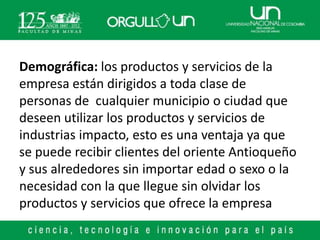 Demográfica: los productos y servicios de la
empresa están dirigidos a toda clase de
personas de cualquier municipio o ciudad que
deseen utilizar los productos y servicios de
industrias impacto, esto es una ventaja ya que
se puede recibir clientes del oriente Antioqueño
y sus alrededores sin importar edad o sexo o la
necesidad con la que llegue sin olvidar los
productos y servicios que ofrece la empresa
 