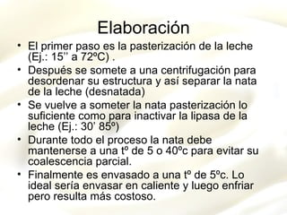 Elaboración El primer paso es la pasterización de la leche (Ej.: 15’’ a 72ºC) . Después se somete a una centrifugación para desordenar su estructura y así separar la nata de la leche (desnatada) Se vuelve a someter la nata pasterización lo suficiente como para inactivar la lipasa de la leche (Ej.: 30’ 85º) Durante todo el proceso la nata debe mantenerse a una tº de 5 o 40ºc para evitar su coalescencia parcial. Finalmente es envasado a una tº de 5ºc. Lo ideal sería envasar en caliente y luego enfriar pero resulta más costoso. 