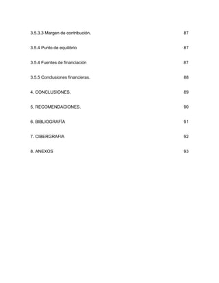 3.5.3.3 Margen de contribución.   87


3.5.4 Punto de equilibrio         87


3.5.4 Fuentes de financiación     87


3.5.5 Conclusiones financieras.   88


4. CONCLUSIONES.                  89


5. RECOMENDACIONES.               90


6. BIBLIOGRAFÍA                   91


7. CIBERGRAFIA                    92


8. ANEXOS                         93
 