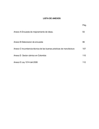 LISTA DE ANEXOS


                                                                     Pág.


Anexo A Encuesta de mejoramiento de ideas.                           93




Anexo B Elaboracion de encuesta                                      96


Anexo C Incumbencia técnica de las buenas prácticas de manufactura   107


Anexo D Sector cárnico en Colombia                                   110


Anexo E Ley 1014 del 2006                                            112
 
