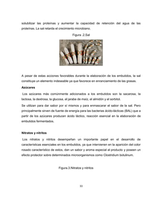 solubilizar las proteínas y aumentar la capacidad de retención del agua de las
proteínas. La sal retarda el crecimiento microbiano.

                                        Figura .2.Sal




A pesar de estas acciones favorables durante la elaboración de los embutidos, la sal
constituye un elemento indeseable ya que favorece en enranciamiento de las grasas.

Azúcares

Los azúcares más comúnmente adicionados a los embutidos son la sacarosa, la
lactosa, la dextrosa, la glucosa, el jarabe de maíz, el almidón y el sorbitol.

Se utilizan para dar sabor por sí mismos y para enmascarar el sabor de la sal. Pero
principalmente sirven de fuente de energía para las bacterias ácido-lácticas (BAL) que a
partir de los azúcares producen ácido láctico, reacción esencial en la elaboración de
embutidos fermentados.


Nitratos y nitritos

Los nitratos y nitritos desempeñan un importante papel en el desarrollo de
características esenciales en los embutidos, ya que intervienen en la aparición del color
rosado característico de estos, dan un sabor y aroma especial al producto y poseen un
efecto protector sobre determinados microorganismos como Clostridium botulinum.



                             Figura.3.Nitratos y nitritos




                                             33
 