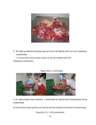 3 En esta se observa el proceso que se le da a la materia prima con sus respectivos
   condimentos
   (. Is observed in this process is given to the raw material with their
Respective condiments)




                                 Figura No11.y 12.Proceso




4. en este proceso inicia moliendo y revolviendo la materia prima incorporación de los
condimentos

(In this process starts grinding and stirring the raw material incorporation of seasonings)

                            Figura No 13 y .14.Procedimiento.

                                             69
 