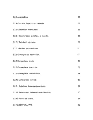 3.2.3 Análisis Dofa                            55


3.2.4 Concepto de producto o servicio.         56


3.2.5 Elaboración de encuesta.                 56


3.2.5.1Determinacion tamaño de la muestra      56


3.2.5.2 Tabulación de datos                    56


3.2.5.3 Análisis y conclusiones.               57


3.2.6 Estrategias de distribución.             57


3.2.7 Estrategia de precio.                    57


3.2.8 Estrategia de promoción.                 58


3.2.9 Estrategia de comunicación.              58


3.2.10 Estrategia de servicio.                 59


3.2.1.1 Estrategia de aprovisionamiento.       59


3.2.12 Presupuesto de la mezcla de mercadeo.   60


3.2.13 Política de cartera.                    61


3.3 PLAN OPERATIVO.                            62
 