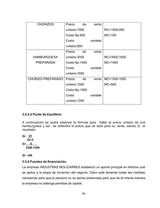 CHORIZOS            Precio         de     venta
                              unitario:1000                  MC=1000-900
                              Costo fijo:850                 MC=100
                              Costo               variable
                              unitario:900
                              Precio         de     venta
         HAMBURGUESA          unitario:3000                  MC=3000-1600
          PREPARADA           Costo fijo:1400                MC=1400
                              Costo               variable
                              unitario:1600
   CHORIZO PREPARADO Precio                  de     venta MC=1500-1000
                              unitario:1500                  MC=500
                              Costo fijo:1000
                              Costo               variable
                              unitario:1200



3.5.3.4 Punto de Equilibrio

A continuación se podrá observar la fórmula para hallar el precio unitario de una
hamburguesa y así se obtendrá el precio que se dará para su venta, siendo Q el
resultado.

Q= CF
   PV-P
Q= 0
  2500-1500

Q= 100

3.5.4 Fuentes de financiación.
La empresa INDUSTRAS MOLICARNES estableció un aporte principal en efectivo que
se aplica a la etapa de iniciación del negocio. Claro está teniendo todas las medidas
necesarias para que la persona no se sienta presionada pero que de la misma manera
la empresa no obtenga perdidas de capital.


                                         86
 