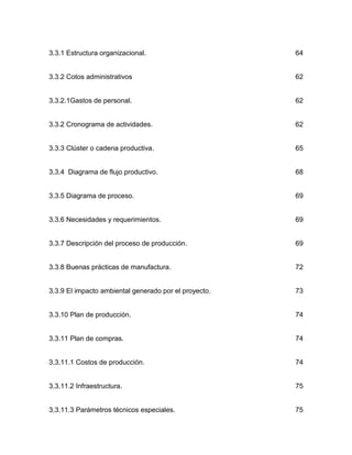 3.3.1 Estructura organizacional.                       64


3.3.2 Cotos administrativos                            62


3.3.2.1Gastos de personal.                             62


3.3.2 Cronograma de actividades.                       62


3.3.3 Clúster o cadena productiva.                     65


3.3.4 Diagrama de flujo productivo.                    68


3.3.5 Diagrama de proceso.                             69


3.3.6 Necesidades y requerimientos.                    69


3.3.7 Descripción del proceso de producción.           69


3.3.8 Buenas prácticas de manufactura.                 72


3.3.9 El impacto ambiental generado por el proyecto.   73


3.3.10 Plan de producción.                             74


3.3.11 Plan de compras.                                74


3.3.11.1 Costos de producción.                         74


3.3.11.2 Infraestructura.                              75


3.3.11.3 Parámetros técnicos especiales.               75
 