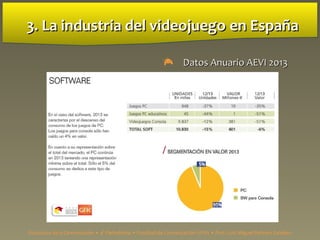 3. La industria del videojuego3. La industria del videojuego en Españaen España
 Datos Anuario AEVI 2013Datos Anuario AEVI 2013
Estructura de la Comunicación • 4º Periodismo • Facultad de Comunicación UPSA • Prof. Luis Miguel Pedrero Esteban
 