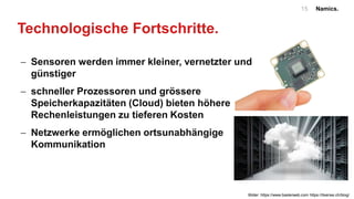 Namics.15
Technologische Fortschritte.
 Sensoren werden immer kleiner, vernetzter und
günstiger
 schneller Prozessoren und grössere
Speicherkapazitäten (Cloud) bieten höhere
Rechenleistungen zu tieferen Kosten
 Netzwerke ermöglichen ortsunabhängige
Kommunikation
Bilder: https://www.baslerweb.com https://itsense.ch/blog/
 