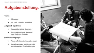 Teams
 2 Gruppen
 pro Tisch 1 Namics Moderator
Aufgabe & Ergebnisse
 Ausgestaltung User Journeys
 Kurzpräsentation der Resultate
(max. 5min pro Gruppe)
Rahmenbedingungen
 Fokus auf relevante, innovative Ideen
 Keine finanziellen, rechtlichen oder
technologischen Einschränkungen
SMART SERVICES KONZIPIEREN.
Aufgabenstellung.
 