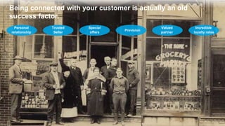 Being connected with your customer is actually an old
success factor.
Trusted
Seller
Personal
relationship
Special
offers
Prevision
Valued
partner
Incredible
loyalty rates
 