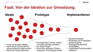 Namics.
Fazit. Von der Ideation zur Umsetzung.
SMART SERVICE WRAP-UP. 61
Ideate
• Long List an Ideen pflegen
• Kann mit IoT Service Kit mit
wenig Aufwand erstellt werden
• Klare Use Cases definieren
Prototype
• Konkrete Ideen schnell, einfach
und relativ günstig umsetzen
• Am Nutzer testen
• Know How aufbauen, Partner
evaluieren, Technologien testen
Implementieren
• Gezielt investieren
• Sicherheit und Privatsphäre
gezielt angehen
• Strategischer Rückhalt
sicherstellen
• Langfristige Partnerschaften
aufbauen
 