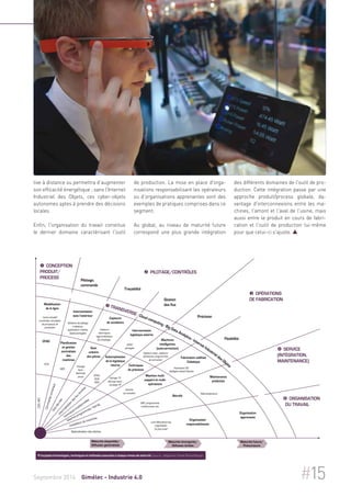 tive à distance ou permettra d’augmenter 
son efficacité énergétique ; sans l’Internet 
Industriel des Objets, ces cyber-objets 
autonomes aptes à prendre des décisions 
locales. 
Enfin, l'organisation du travail constitue 
le dernier domaine caractérisant l'outil 
de production. La mise en place d'orga-nisations 
responsabilisant les opérateurs 
ou d'organisations apprenantes sont des 
exemples de pratiques comprises dans ce 
segment. 
Au global, au niveau de maturité future 
correspond une plus grande intégration 
des différents domaines de l'outil de pro-duction. 
Cette intégration passe par une 
approche produit/process globale, da-vantage 
d'interconnexions entre les ma-chines, 
l'amont et l'aval de l'usine, mais 
aussi entre le produit en cours de fabri-cation 
et l'outil de production lui-même 
pour que celui-ci s'ajuste.  
numérisée, simulation 
de processus de 
CAO, IAO 
Modélisation 
de la ligne 
"usine virtuelle" 
production 
Interconnexion 
avec l'extérieur 
Solutions de pilotage 
à distance, 
applications mobiles, 
bases partagées 
CFAO Planification 
PLM 
Commande numérique 
et gestion 
centralisée 
des 
machines 
Capteurs 
thermiques, 
hggrométriques, 
de comptage... 
Suivi 
unitaire 
des pièces 
Gravage 
laser, 
flashcode, 
puces GPAO, 
MES 
Suivi des lots 
Informatisation des flux d'ordres 
PLM, 
RFID 
Techniques traditionnelles 
Machine programmée/reprog. 
Installation de machines 
Spécialisation des tâches 
Capteurs 
de conditions 
GPAO 
partagée 
Automatisation 
de la logistique 
interne 
Usinage TV, 
découpe laser, 
soudage HF 
Interconnexion 
logistique externe 
Capteurs laser, capteurs 
vibratoires, programmes 
Techniques 
de précision 
Centres 
de transfert 
Machines 
intelligentes 
(auto-correction) 
de correction 
Machine multi-support 
et multi-opérations 
SNC, programmes, 
multi-broches, etc. 
Intelligent Assist Devices 
Lean Manufacturing 
organisation 
"au plus juste" 
Fabrication additive 
Cobotique 
Impression 3D, 
Télémaintenance 
Organisation 
responsabilisante 
Rétrofit 
Principales technologies, techniques et méthodes associées à chaque niveau de maturité. Source : Adapté de l’étude Roland Berger. 
Maintenance 
prédictive 
Septembre 2014 Gimélec - Industrie 4.0 #19 
#15 
Septembre 2014 Smart-Industries n°3 Organisation 
apprenante 
CONCEPTION 
PRODUIT/ 
PROCESS 
PILOTAGE/CONTRÔLES 
 TRANSVERSE : Cloud computing - Big Data Analytics - Internet Industriel des Objets 
OPÉRATIONS 
DE FABRICATION 
SERVICE 
(INTÉGRATION, 
MAINTENANCE) 
ORGANISATION 
DU TRAVAIL 
Flexibilité 
Précision 
Gestion 
des flux 
Traçabilité 
Pilotage, 
commande 
Maturité future/ 
Précurseurs 
Maturité émergente/ 
Diffusion limitée 
Maturité disponible/ 
Diffusion généralisée 
 