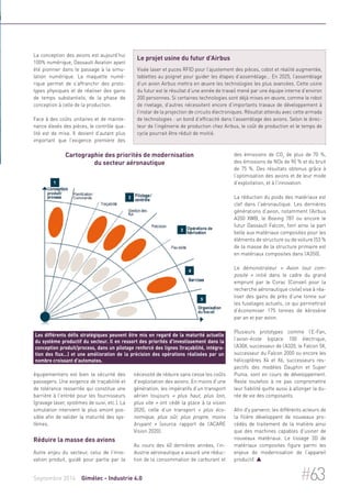 La conception des avions est aujourd’hui 
100% numérique, Dassault Aviation ayant 
été pionnier dans le passage à la simu-lation 
numérique. La maquette numé-rique 
permet de s’affranchir des proto-types 
physiques et de réaliser des gains 
de temps substantiels, de la phase de 
conception à celle de la production. 
Face à des coûts unitaires et de mainte-nance 
élevés des pièces, le contrôle qua-lité 
est de mise. Il devient d’autant plus 
important que l’exigence première des 
Cartographie des priorités de modernisation 
du secteur aéronautique 
Les différents défis stratégiques peuvent être mis en regard de la maturité actuelle 
du système productif du secteur. Il en ressort des priorités d'investissement dans la 
conception produit/process, dans un pilotage renforcé des lignes (traçabilité, intégra-tion 
des flux…) et une amélioration de la précision des opérations réalisées par un 
nombre croissant d'automates. 
équipementiers est bien la sécurité des 
passagers. Une exigence de traçabilité et 
de tolérance resserrée qui constitue une 
barrière à l'entrée pour les fournisseurs 
(gravage laser, systèmes de suivi, etc.). La 
simulation intervient le plus amont pos-sible 
afin de valider la maturité des sys-tèmes. 
Réduire la masse des avions 
Autre enjeu du secteur, celui de l’inno-vation 
produit, guidé pour partie par la 
Le projet usine du futur d’Airbus 
Visée laser et puces RFID pour l’ajustement des pièces, cobot et réalité augmentée, 
tablettes au poignet pour guider les étapes d’assemblage… En 2025, l’assemblage 
d’un avion Airbus mettra en oeuvre les technologies les plus avancées. Cette usine 
du futur est le résultat d’une année de travail mené par une équipe interne d’environ 
200 personnes. Si certaines technologies sont déjà mises en oeuvre, comme le robot 
de rivetage, d’autres nécessitent encore d’importants travaux de développement à 
l’instar de la projection de circuits électroniques. Résultat attendu avec cette armada 
de technologies : un bond d’efficacité dans l’assemblage des avions. Selon le direc-teur 
de l’ingénierie de production chez Airbus, le coût de production et le temps de 
cycle pourrait être réduit de moitié. 
nécessité de réduire sans cesse les coûts 
d'exploitation des avions. En moins d’une 
génération, les impératifs d’un transport 
aérien toujours « plus haut, plus loin, 
plus vite » ont cédé la place à la vision 
2020, celle d’un transport « plus éco-nomique, 
plus sûr, plus propre, moins 
bruyant » (source rapport de l’ACARE 
Vision 2020). 
Au cours des 40 dernières années, l’in-dustrie 
aéronautique a assuré une réduc-tion 
de la consommation de carburant et 
des émissions de CO2 de plus de 70 %, 
des émissions de NOx de 90 % et du bruit 
de 75 %. Des résultats obtenus grâce à 
l’optimisation des avions et de leur mode 
d’exploitation, et à l’innovation. 
La réduction du poids des matériaux est 
clef dans l'aéronautique. Les dernières 
générations d’avion, notamment l’Airbus 
A350 XWB, le Boeing 787 ou encore le 
futur Dassault Falcon, font ainsi la part 
belle aux matériaux composites pour les 
éléments de structure ou de voilure (53 % 
de la masse de la structure primaire est 
en matériaux composites dans l’A350). 
Le démonstrateur « Avion tout com-posite 
» initié dans le cadre du grand 
emprunt par le Corac (Conseil pour la 
recherche aéronautique civile) vise à réa-liser 
des gains de près d’une tonne sur 
les fuselages actuels, ce qui permettrait 
d’économiser 175 tonnes de kérosène 
par an et par avion. 
Plusieurs prototypes comme l’E-Fan, 
l’avion-école biplace 100 électrique, 
l’A30X, successeur de l’A320, le Falcon 5X, 
successeur du Falcon 2000 ou encore les 
hélicoptères X4 et X6, successeurs res-pectifs 
des modèles Dauphin et Super 
Puma, sont en cours de développement. 
Reste toutefois à ne pas compromettre 
leur fiabilité quitte aussi à allonger la du-rée 
de vie des composants. 
Afin d'y parvenir, les différents acteurs de 
la filière développent de nouveaux pro-cédés 
de traitement de la matière ainsi 
que des machines capables d'usiner de 
nouveaux matériaux. Le tissage 3D de 
matériaux composites figure parmi les 
enjeux de modernisation de l’appareil 
productif.  
Septembre 2014 Gimélec - Industrie 4.0 #63 
 