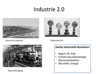 Industrie 2.0
5
chemische Industrie Elektrotechnik
Massenfertigung
Zweite Industrielle Revolution
• Beginn 20. Jhdt.
• Einführung arbeitsteiliger
Massenproduktion
• Mit elektr. Energie
 