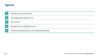 Page 2 M.Sc. Jalal Hammari, Wintersemester2020/21 Vorlesung Industrie 4.0
Praktische Beispiele aus der Automobilindustrie
5
Digital Twin und Digital Thread
4
IOT und AI
3
Grundlage der Industrie 4.0
2
Einführung in Industrie 4.0
1
Agenda
 