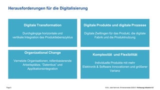 Page 6 M.Sc. Jalal Hammari, Wintersemester2020/21 Vorlesung Industrie 4.0
Digitale Transformation
Durchgängige horizontale und
vertikale Integration des Produktlebenszyklus
Digitale Produkte und digitale Prozesse
Digitale Zwillingen für das Produkt, die digitale
Fabrik und die Produktnutzung
Herausforderungen für die Digitalisierung
Organizational Change
Vernetzte Organisationen, rollenbasierende
Arbeitsplätze, “Datenbus” und
Applikationsintegration
Komplexität und Flexibilität
Individuelle Produkte mit mehr
Elektronik & Software Innovationen und größerer
Varianz
 